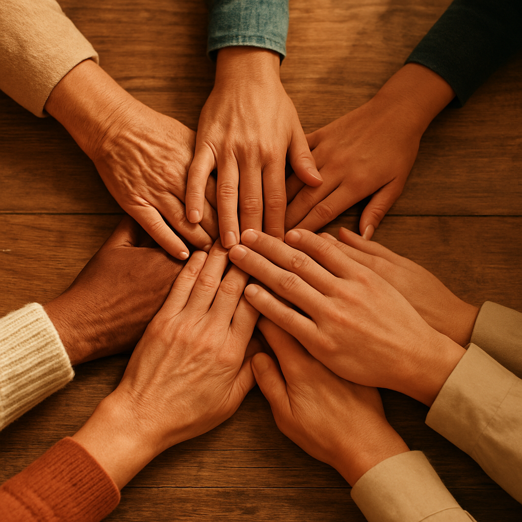 Many hands joining together over a table